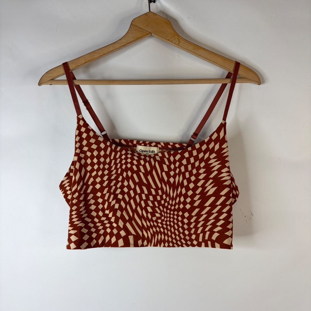 Open Edit Crop Top Womens 2X Rust Brown Warped Geometric Adjustable Straps
